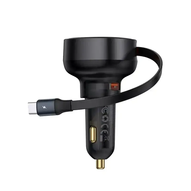 شارژر فندکی باسئوس مدل Enjoyment Pro Car Charger U+Retractable Type-C توان 60 وات